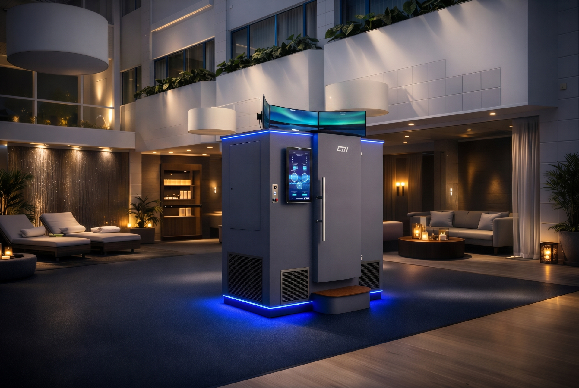 CTN e°CABIN cryotherapy unit in a premium wellness lounge