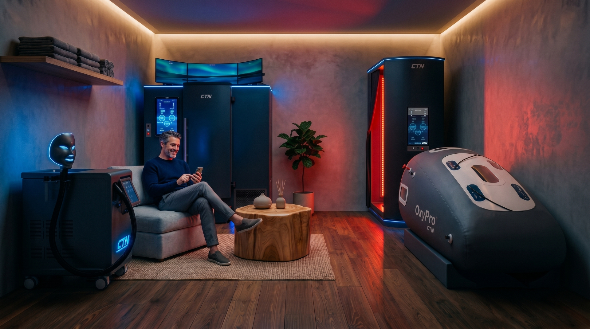 CTN integrated recovery studio with cryotherapy, red light, and OxyPro hyperbaric chamber